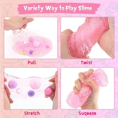 10 FL OZ Unicorn Slime Kit, Pink Clear Slime Bucket, Slime Party Favors for Kids, Glimmer Crunchy Slime Includes 9 Packs of Slime Add-ins, Stress Relief Slime Kit for Girls and Boys Ages 8-12