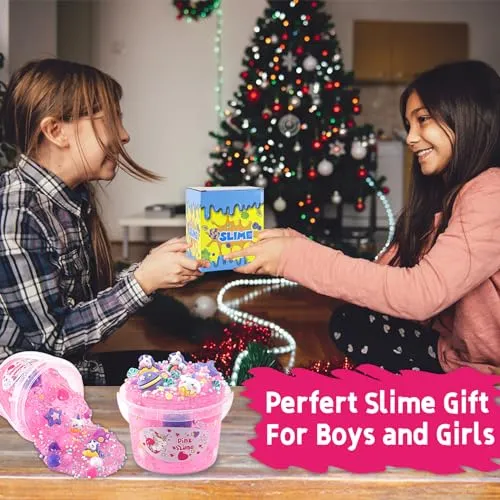 10 FL OZ Unicorn Slime Kit, Pink Clear Slime Bucket, Slime Party Favors for Kids, Glimmer Crunchy Slime Includes 9 Packs of Slime Add-ins, Stress Relief Slime Kit for Girls and Boys Ages 8-12