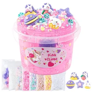 10 FL OZ Unicorn Slime Kit, Pink Clear Slime Bucket, Slime Party Favors for Kids, Glimmer Crunchy Slime Includes 9 Packs of Slime Add-ins, Stress Relief Slime Kit for Girls and Boys Ages 8-12