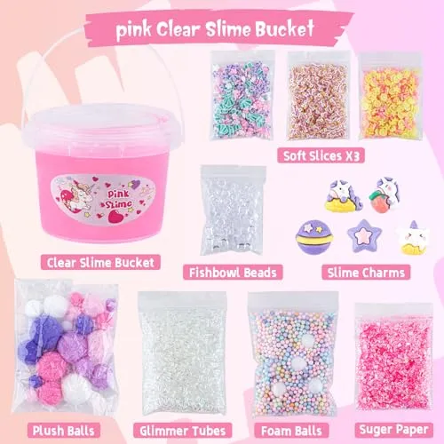 10 FL OZ Unicorn Slime Kit, Pink Clear Slime Bucket, Slime Party Favors for Kids, Glimmer Crunchy Slime Includes 9 Packs of Slime Add-ins, Stress Relief Slime Kit for Girls and Boys Ages 8-12