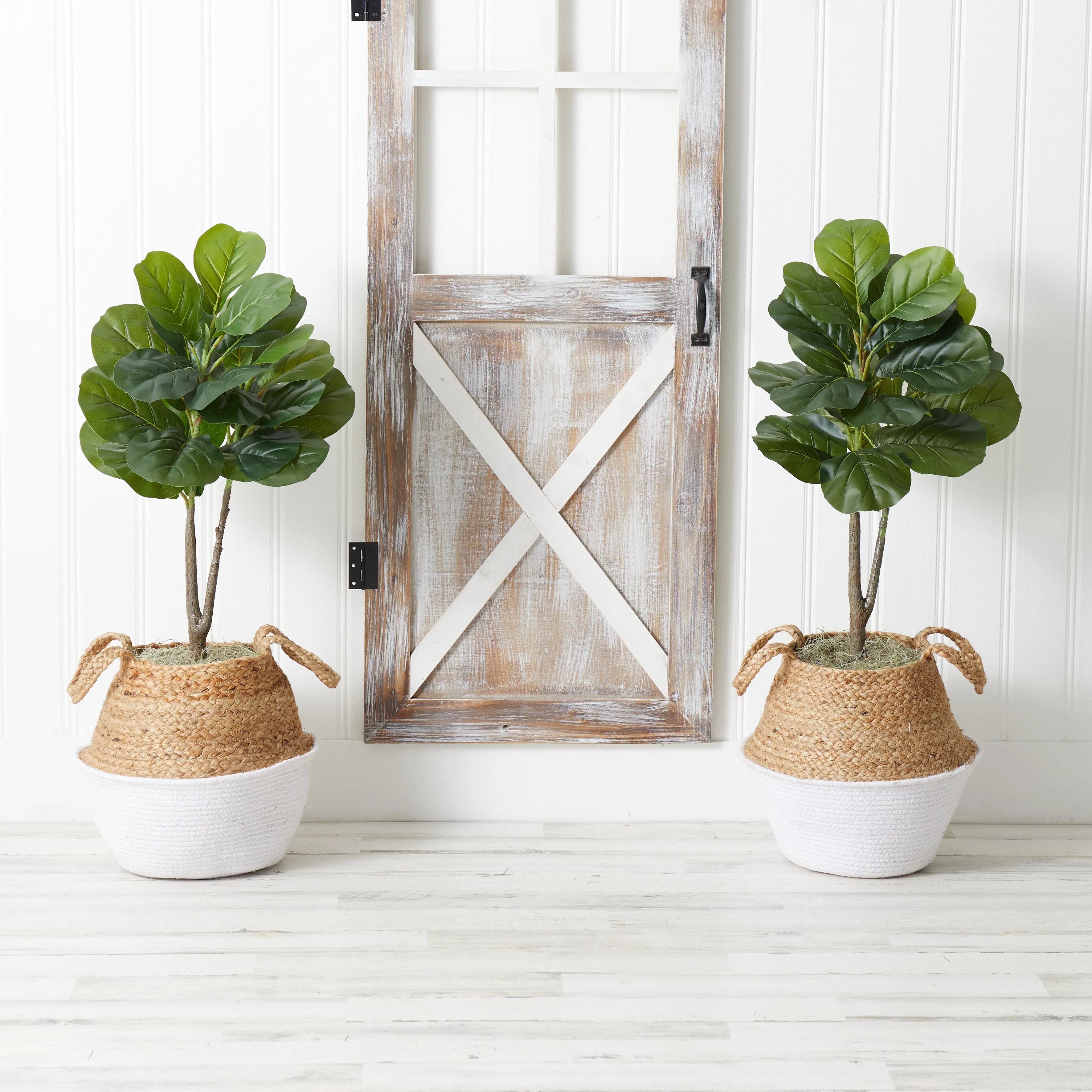 3’ Artificial Fiddle Leaf Fig Tree with Handmade Cotton & Jute Woven Planter DIY Kit - Set of 2