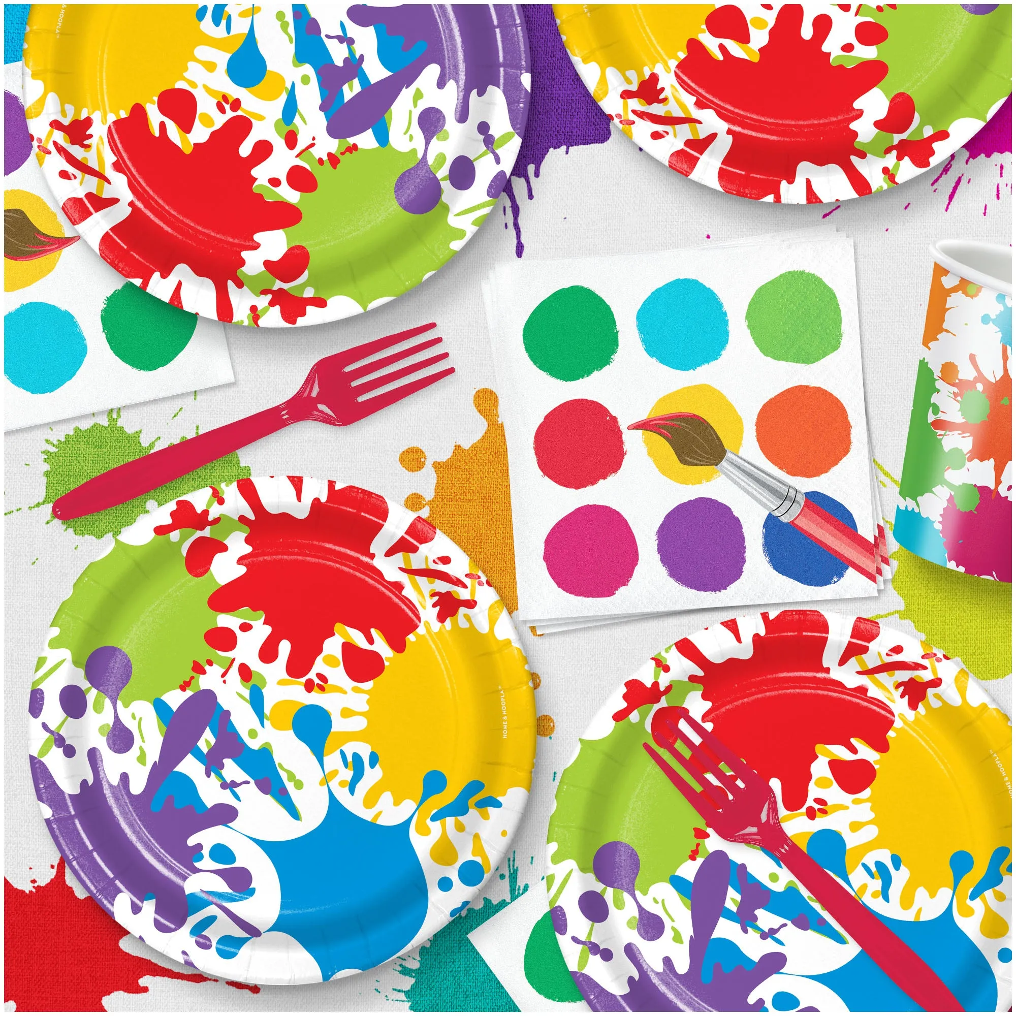 Art Party Dessert Pack - Artist Paint Splatter Paper Dessert Plates, Napkins, Cups, Paper Coloring Table Cover, and Hanging Whirls Set (Serves 16)