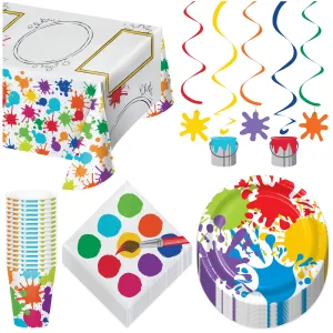 Art Party Dessert Pack - Artist Paint Splatter Paper Dessert Plates, Napkins, Cups, Paper Coloring Table Cover, and Hanging Whirls Set (Serves 16)