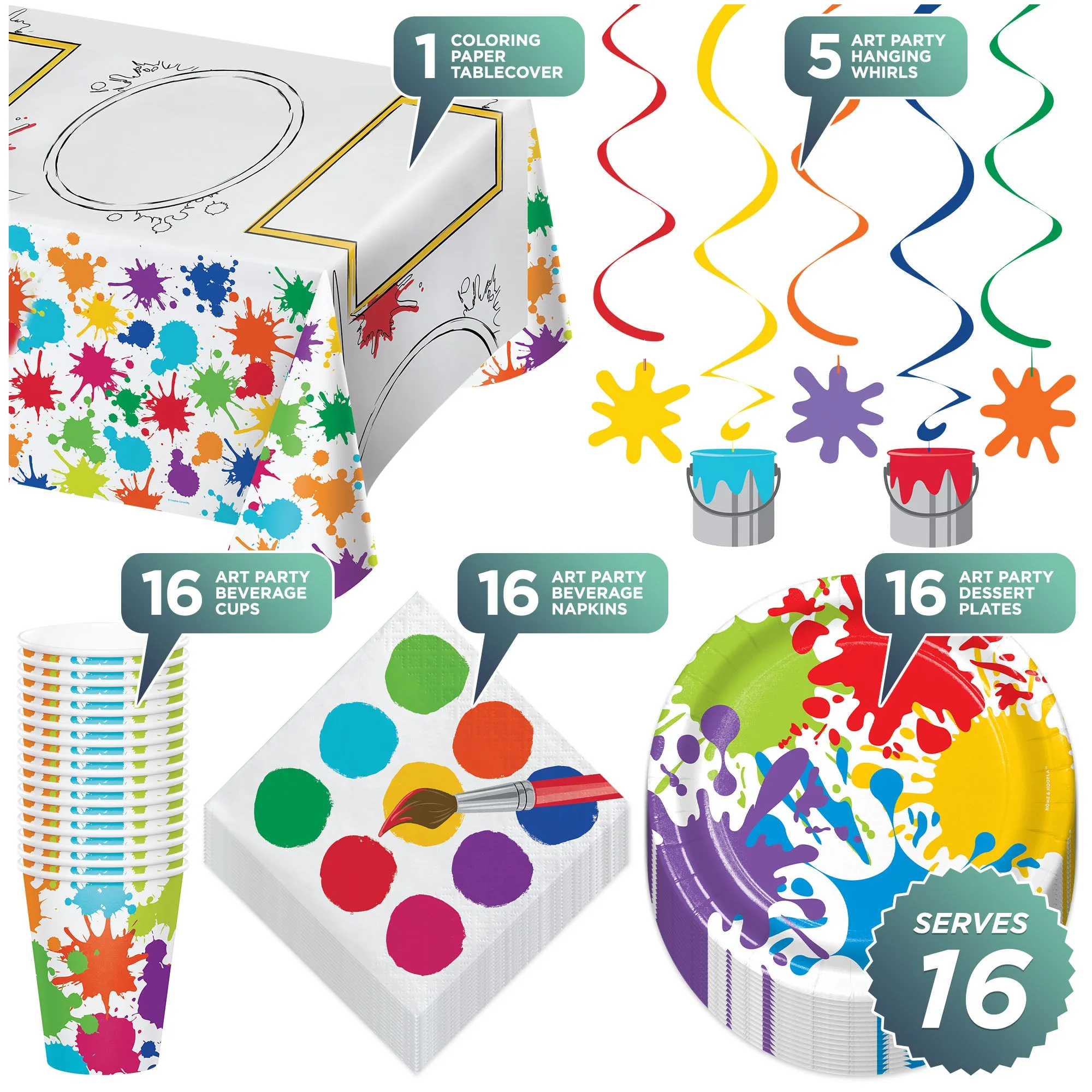 Art Party Dessert Pack - Artist Paint Splatter Paper Dessert Plates, Napkins, Cups, Paper Coloring Table Cover, and Hanging Whirls Set (Serves 16)