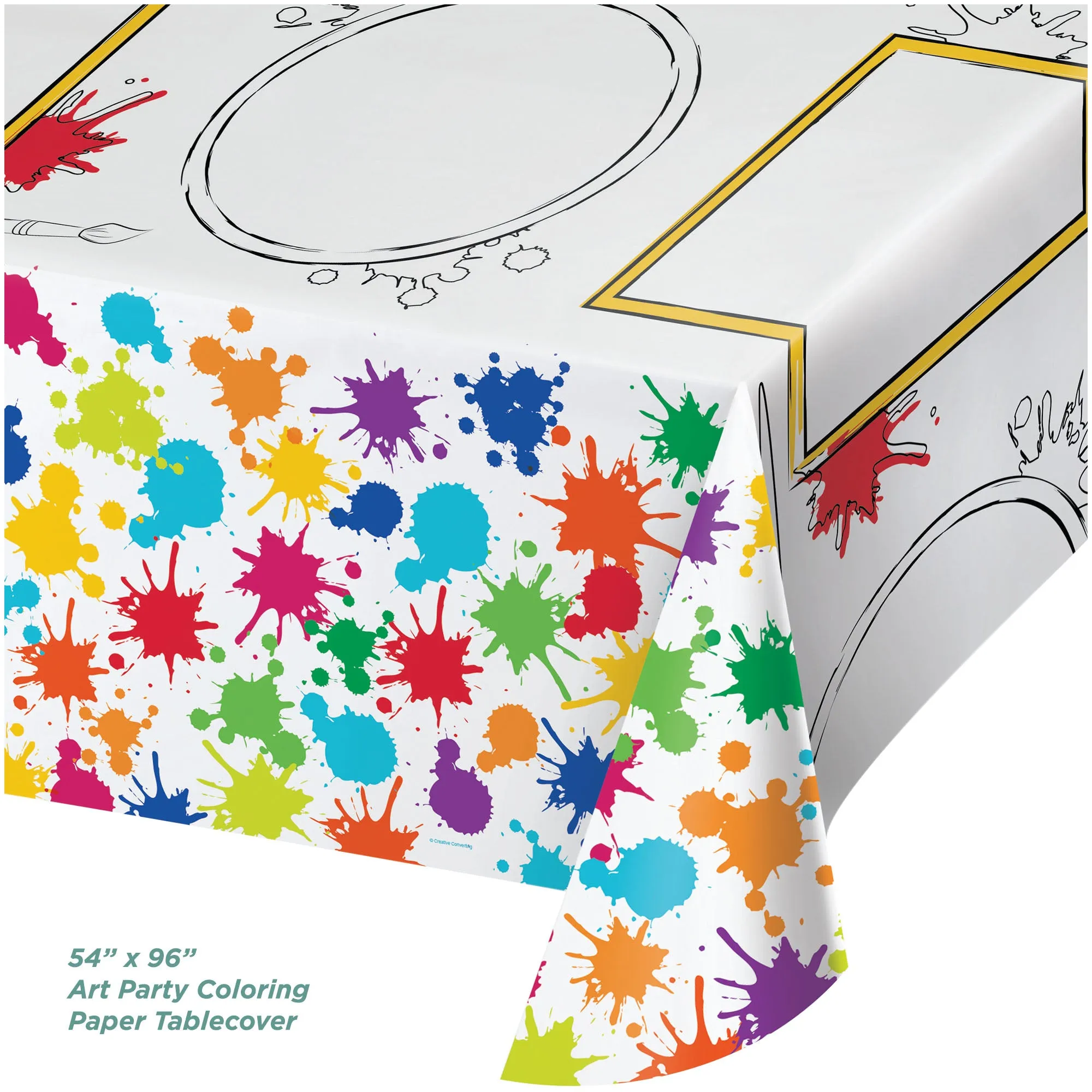 Art Party Dessert Pack - Artist Paint Splatter Paper Dessert Plates, Napkins, Cups, Paper Coloring Table Cover, and Hanging Whirls Set (Serves 16)