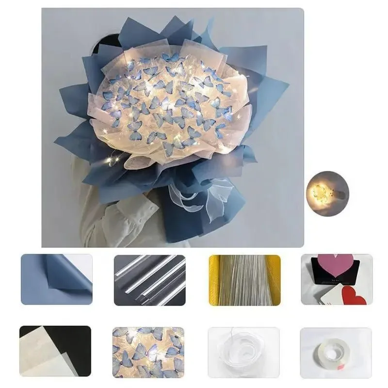 Artificial Butterfly Bouquet Material Kit - DIY Handmade Butterfly Flower Bouquets with LED Light