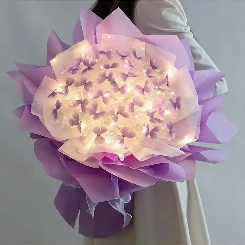 Artificial Butterfly Bouquet Material Kit - DIY Handmade Butterfly Flower Bouquets with LED Light