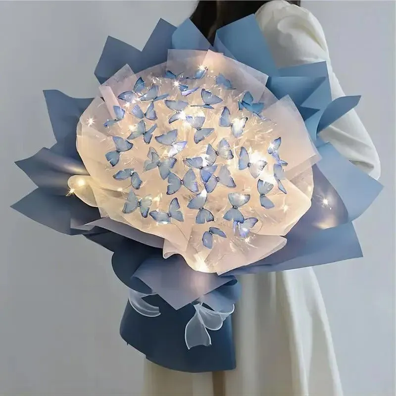 Artificial Butterfly Bouquet Material Kit - DIY Handmade Butterfly Flower Bouquets with LED Light