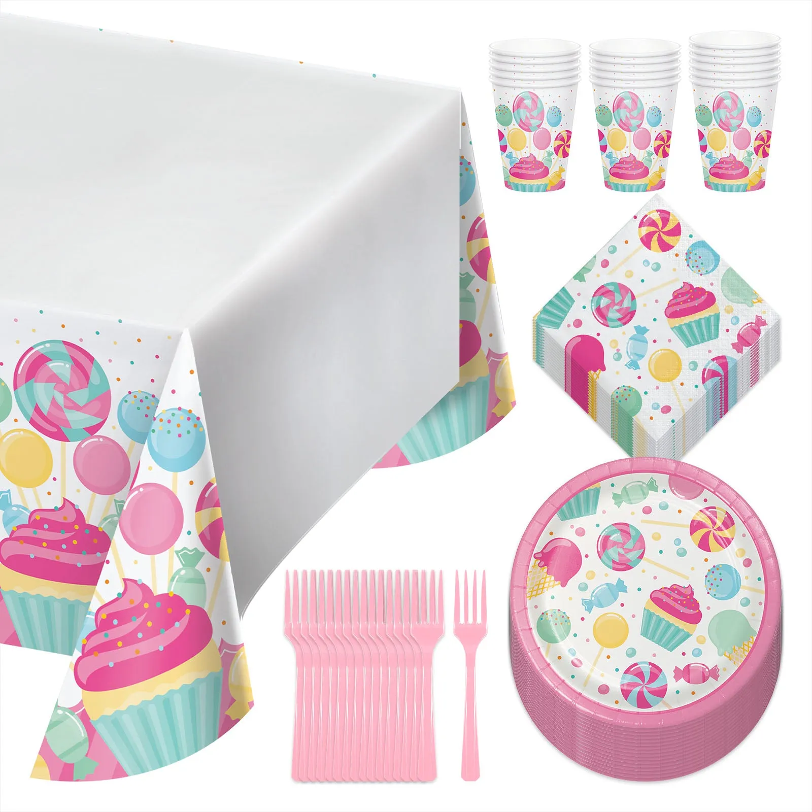 Candyland Dessert Party Pack - Plates, Napkins, Cups, Forks, and Table Cover (Serves 16)