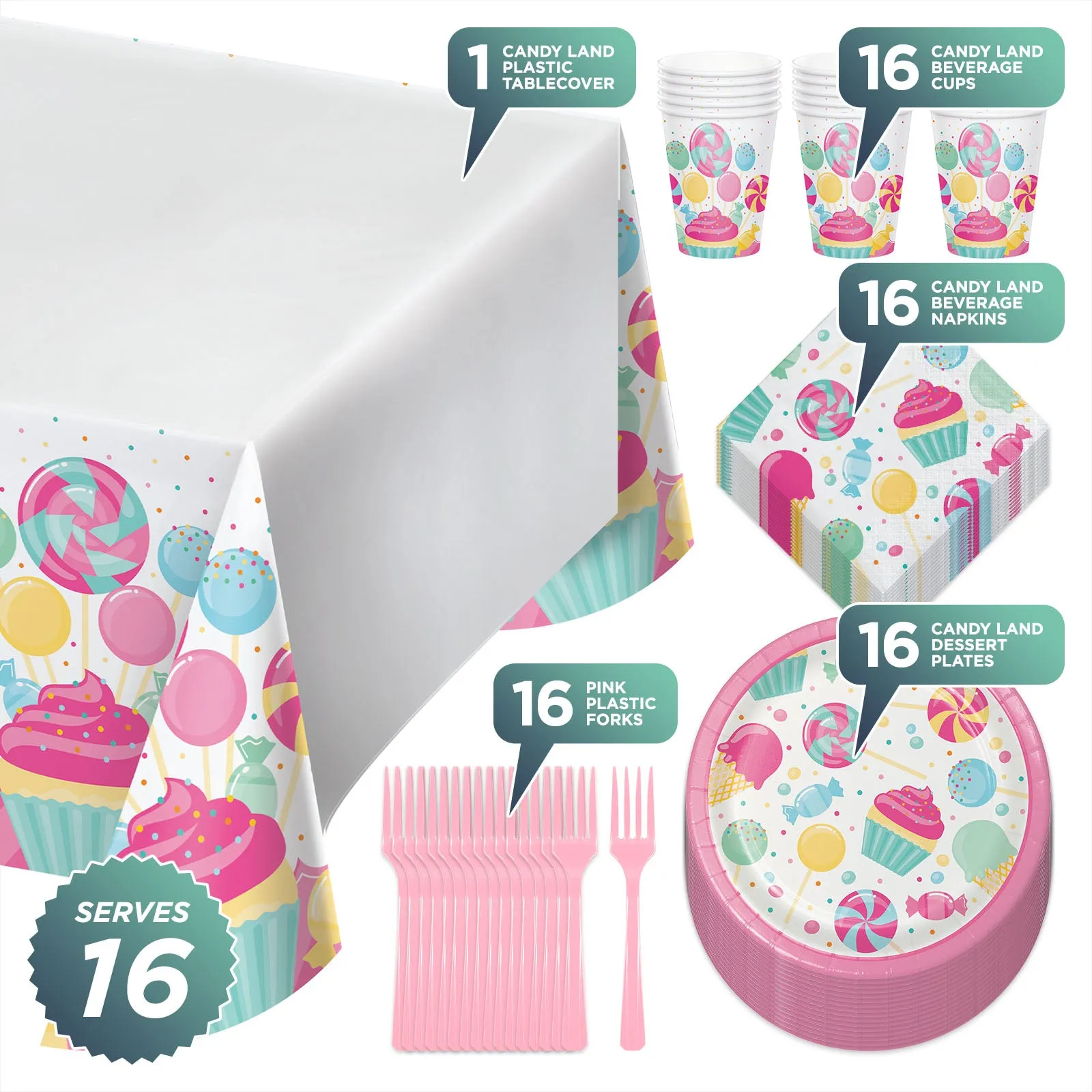 Candyland Dessert Party Pack - Plates, Napkins, Cups, Forks, and Table Cover (Serves 16)