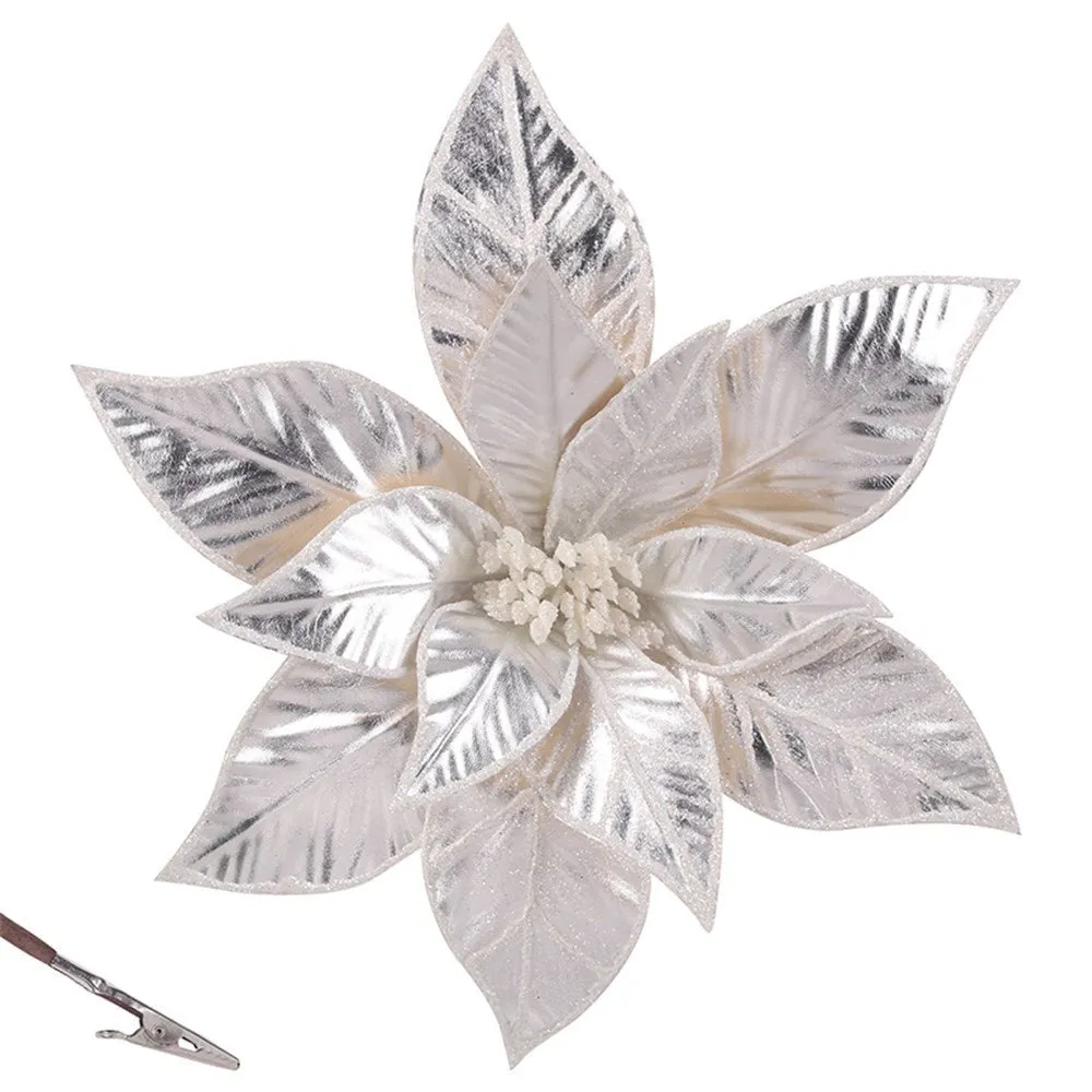 Christmas Artificial Flower Platinum Poinsettia with Clip