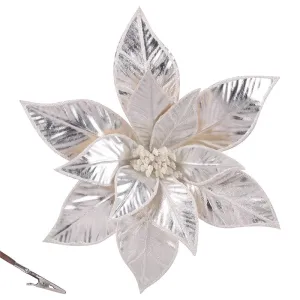 Christmas Artificial Flower Platinum Poinsettia with Clip