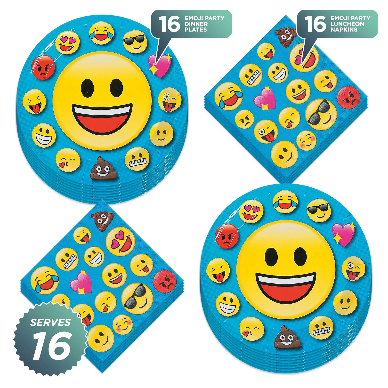 Emoji Party Supplies Tableware and Decorations (Paper Dinner Plates and Luncheon Napkins with Blue Trim)