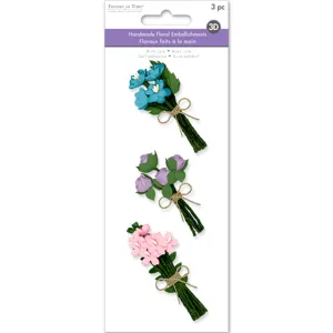 Floral Embellish: 3D Handmade Paper Floral Bouquets Self-Stick W/Jute Pastels, 3Pc