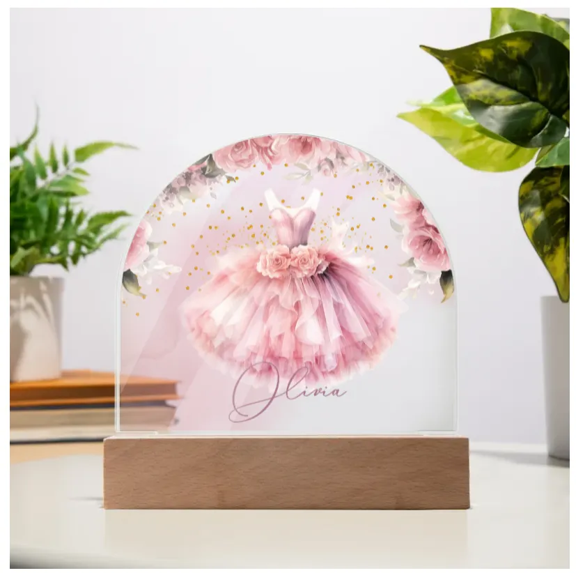 Personalised Ballerina Tutu Acrylic Dome Plaque - Wooden Base - Night Light