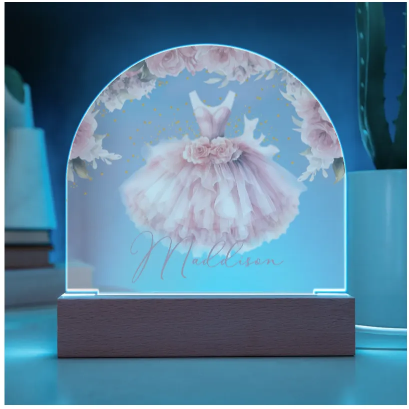 Personalised Ballerina Tutu Acrylic Dome Plaque - Wooden Base - Night Light