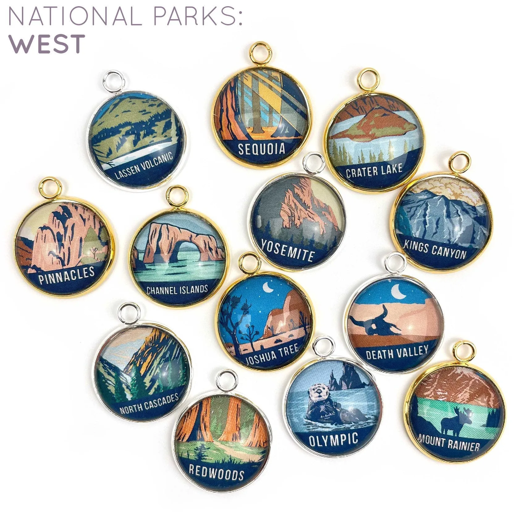 U.S. National Parks Glass Pinback Buttons, Lapel Pins – Glacier, Yosemite, Acadia, Zion, Yellowstone