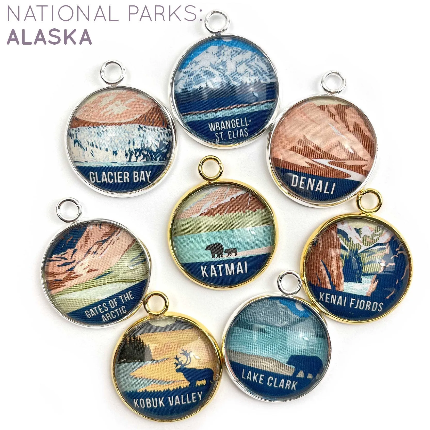 U.S. National Parks Glass Pinback Buttons, Lapel Pins – Glacier, Yosemite, Acadia, Zion, Yellowstone