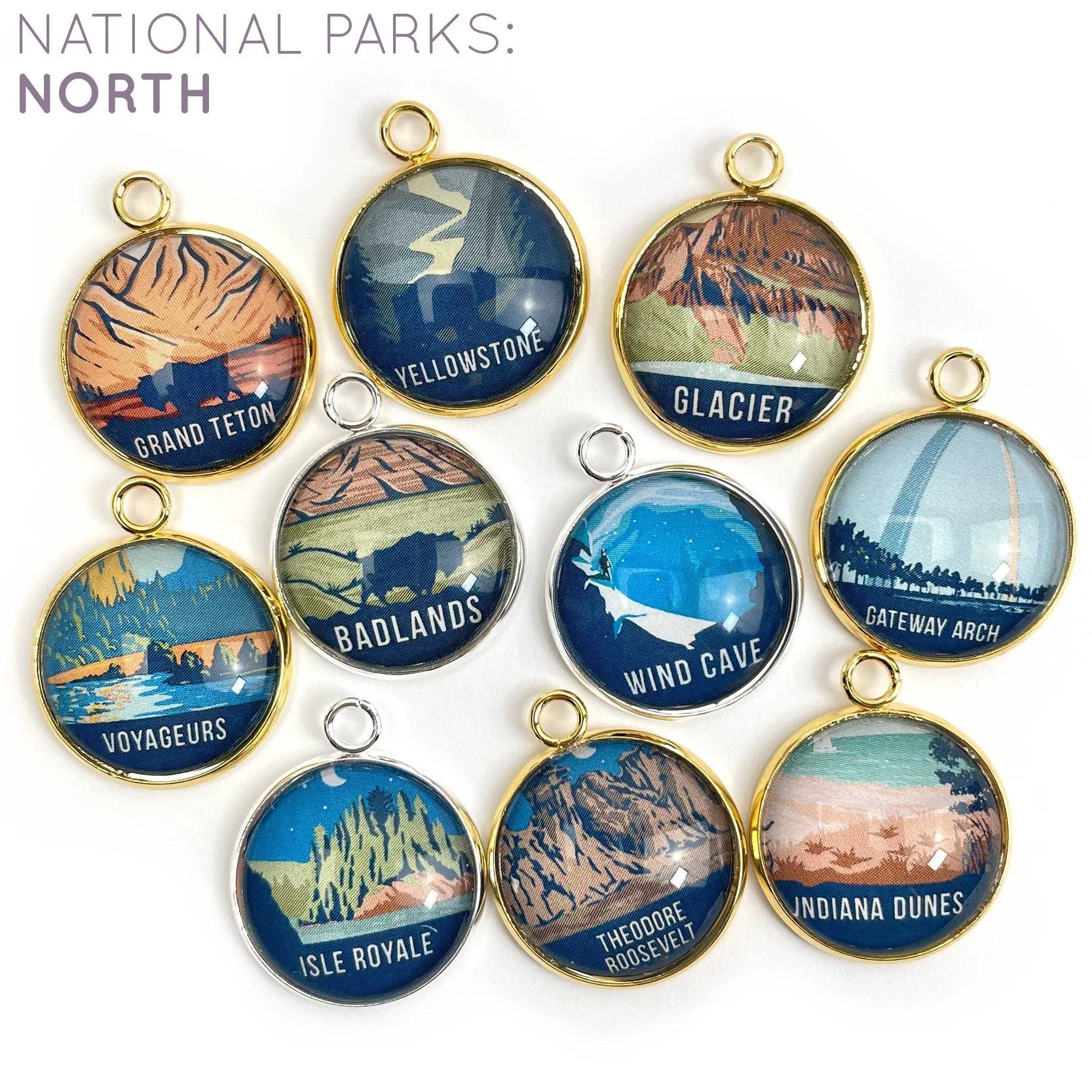 U.S. National Parks Glass Pinback Buttons, Lapel Pins – Glacier, Yosemite, Acadia, Zion, Yellowstone