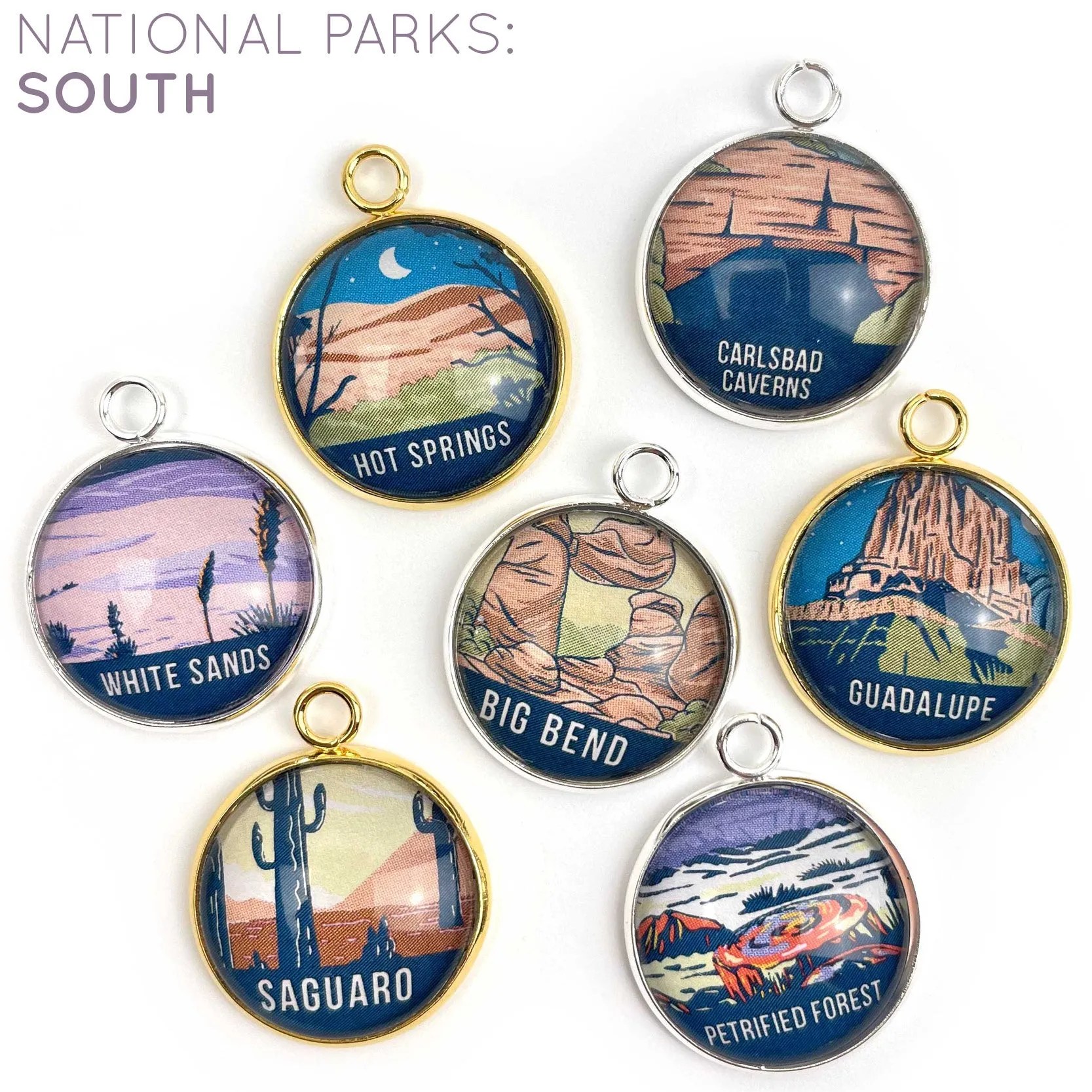 U.S. National Parks Glass Pinback Buttons, Lapel Pins – Glacier, Yosemite, Acadia, Zion, Yellowstone